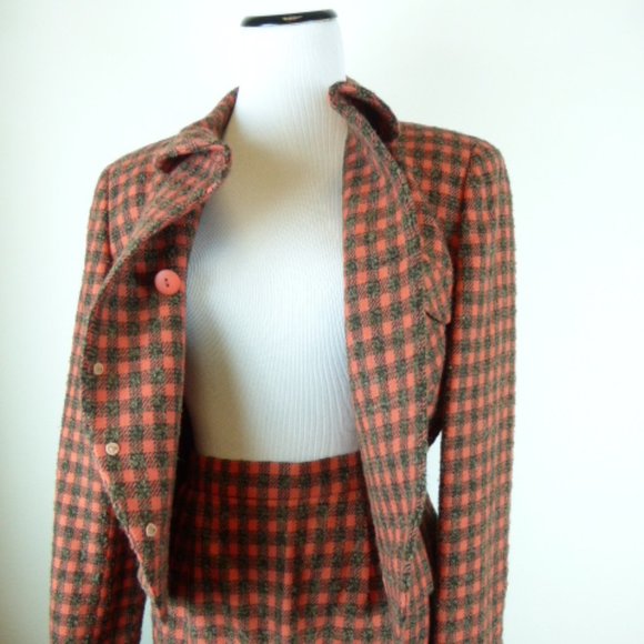 Koji Watanabe Style coral black check plaid 2 pc wool skirt suit Japan 6 - Picture 5 of 9